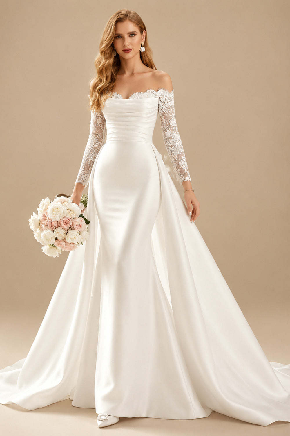 Rutipo Ivory Trumpet/Mermaid Strapless Long Sleeves Satin Wedding Dresses With Lace