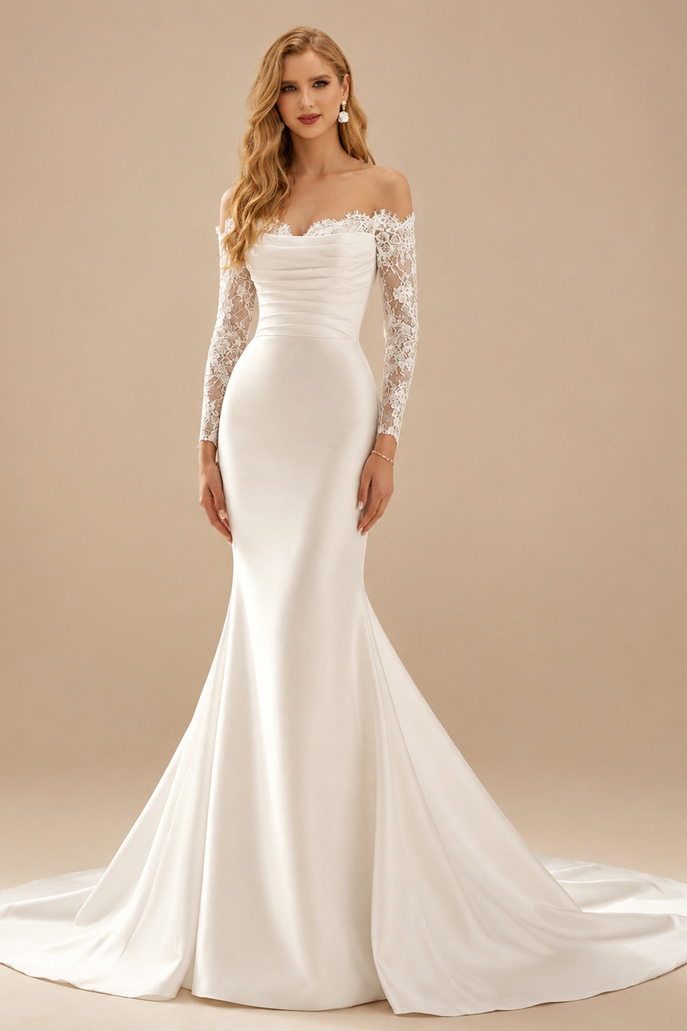 Rutipo Ivory Trumpet/Mermaid Strapless Long Sleeves Satin Wedding Dresses With Lace