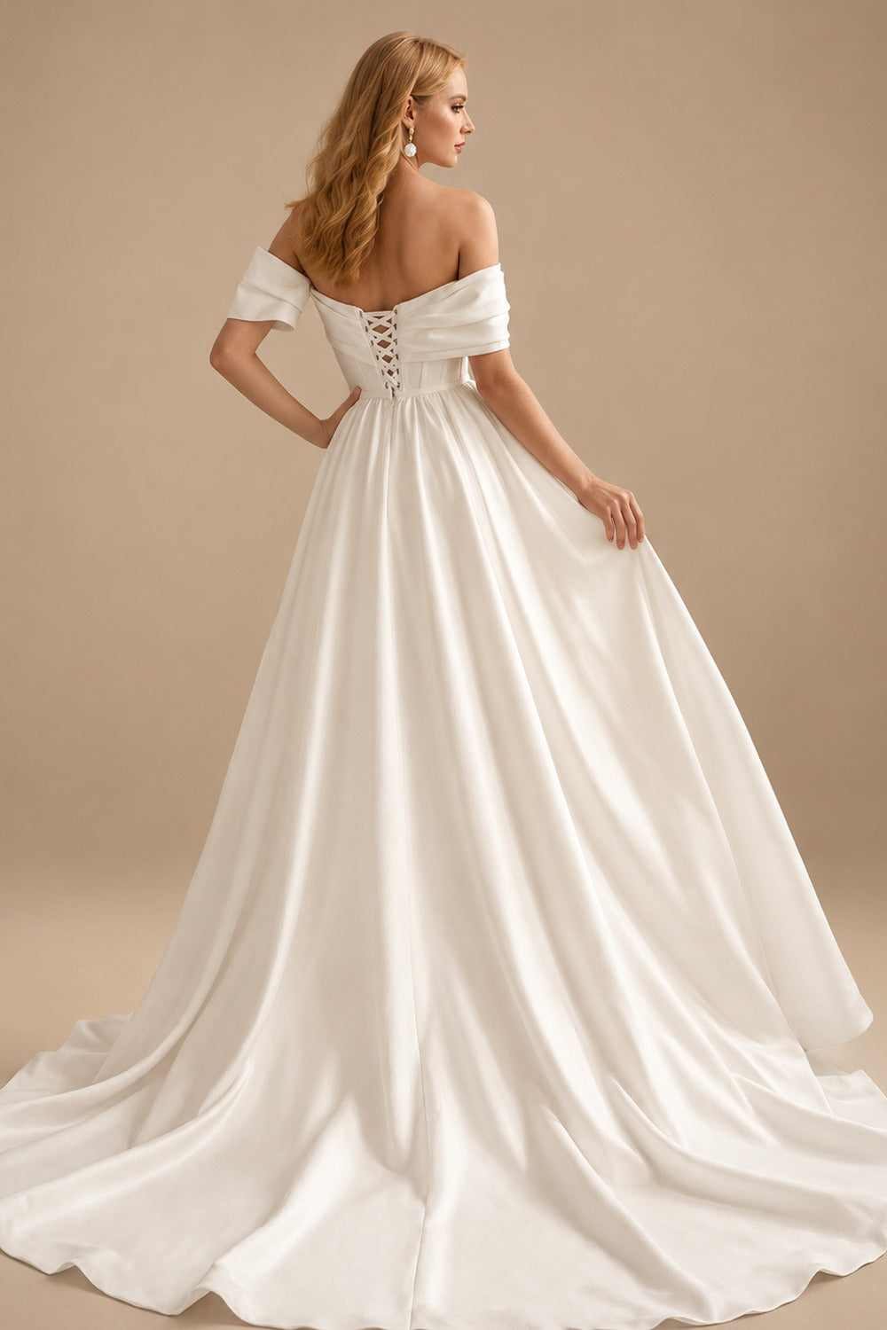 Rutipo Ivory Sheath/Column Off-The-Shoulder Detachable Satin Wedding Dresses