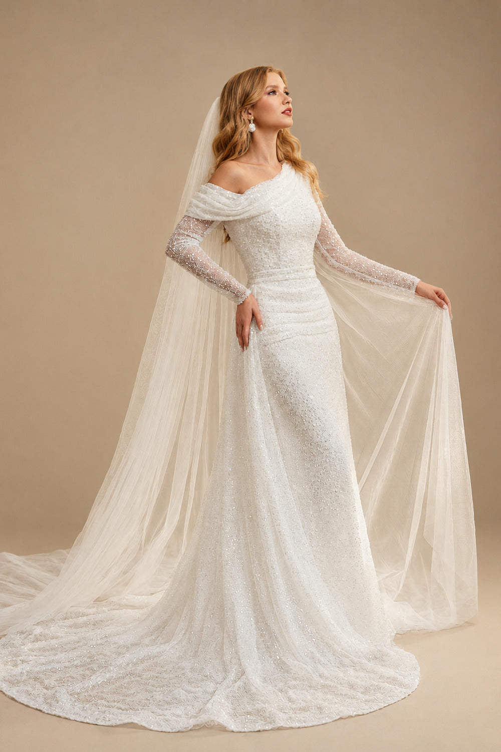 Rutipo Ivory Asymmetrical Neck Sequined Long Sleeves Wedding Dresses