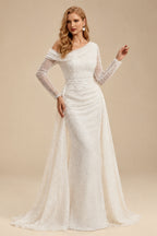 Rutipo Ivory Asymmetrical Neck Sequined Long Sleeves Wedding Dresses