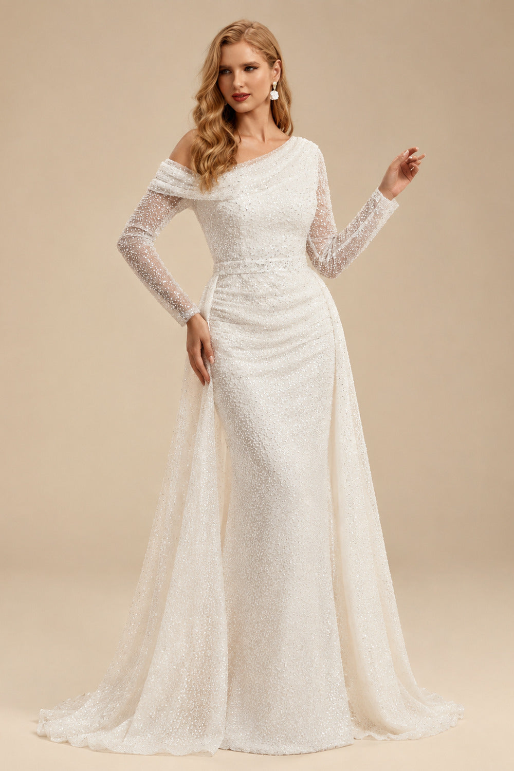 Rutipo Ivory Asymmetrical Neck Sequined Long Sleeves Wedding Dresses