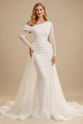 Rutipo Ivory Asymmetrical Neck Sequined Long Sleeves Wedding Dresses