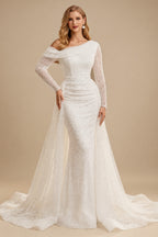 Rutipo Ivory Asymmetrical Neck Sequined Long Sleeves Wedding Dresses