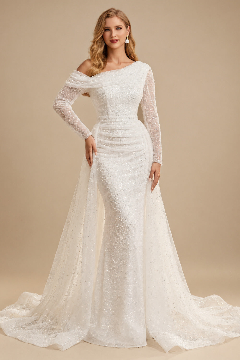 Rutipo Ivory Asymmetrical Neck Sequined Long Sleeves Wedding Dresses