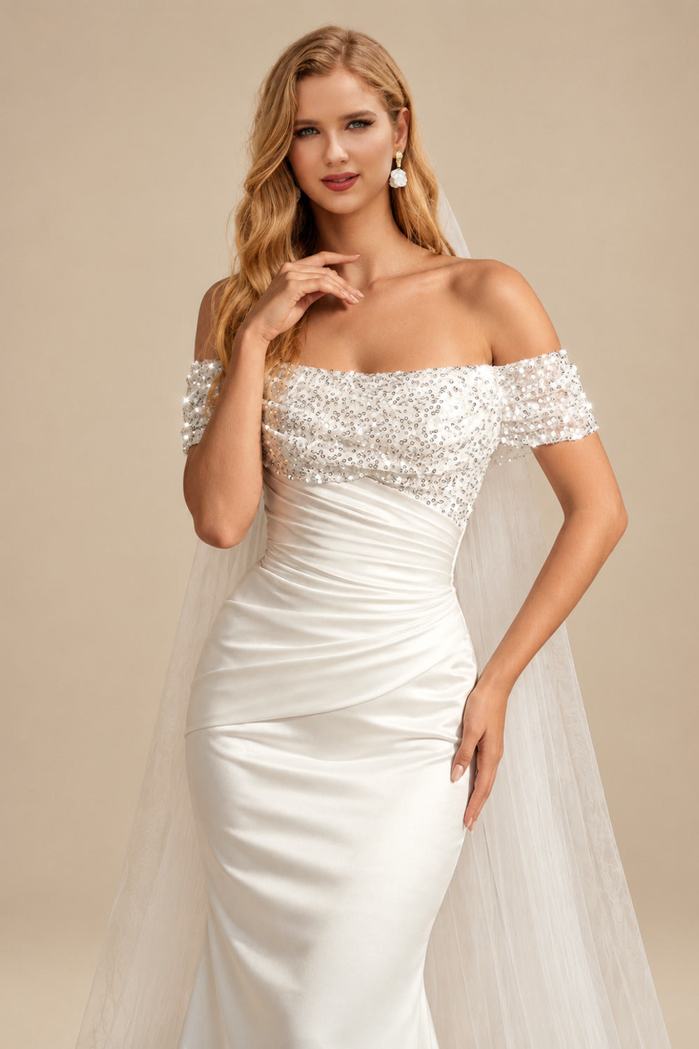 Rutipo Ivory Off-The-Shoulder Trumpet/Mermaid Sequined Wedding Dresses