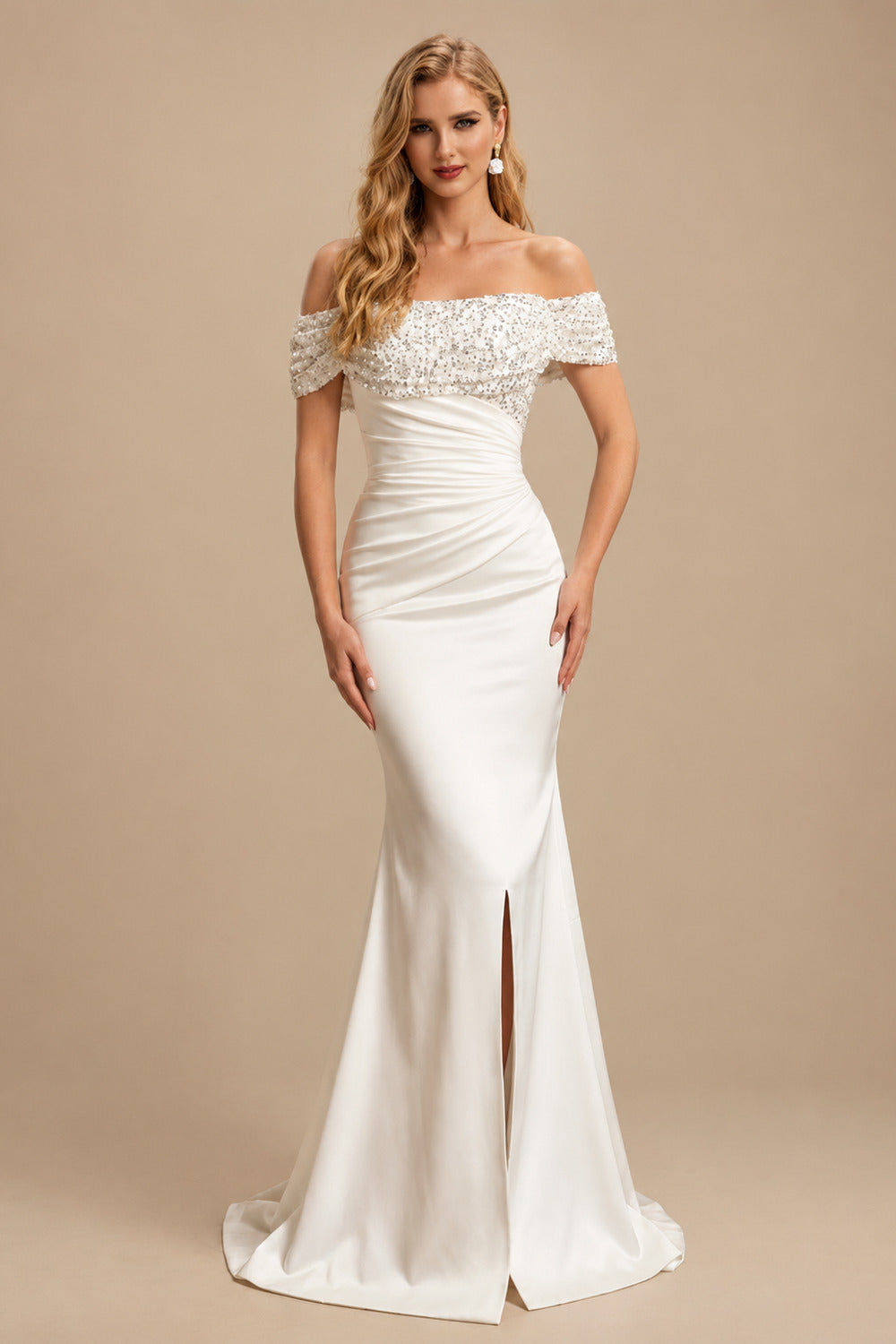Rutipo Ivory Off-The-Shoulder Trumpet/Mermaid Sequined Wedding Dresses