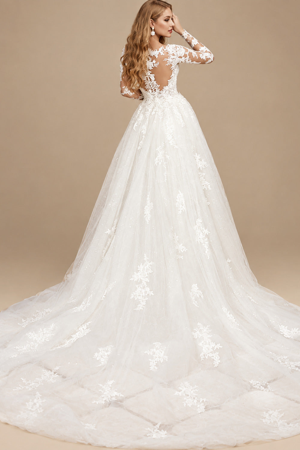 Rutipo Ivory Trumpet/Mermaid Long Sleeves Tulle Wedding Dresses With Appliques Lace