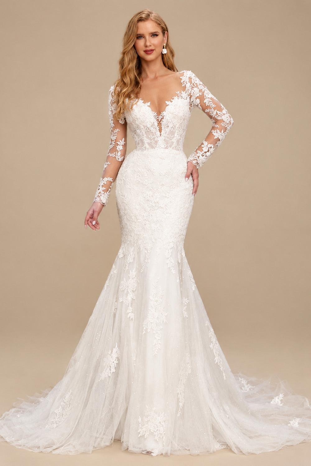 Rutipo Ivory Trumpet/Mermaid Long Sleeves Tulle Wedding Dresses With Appliques Lace