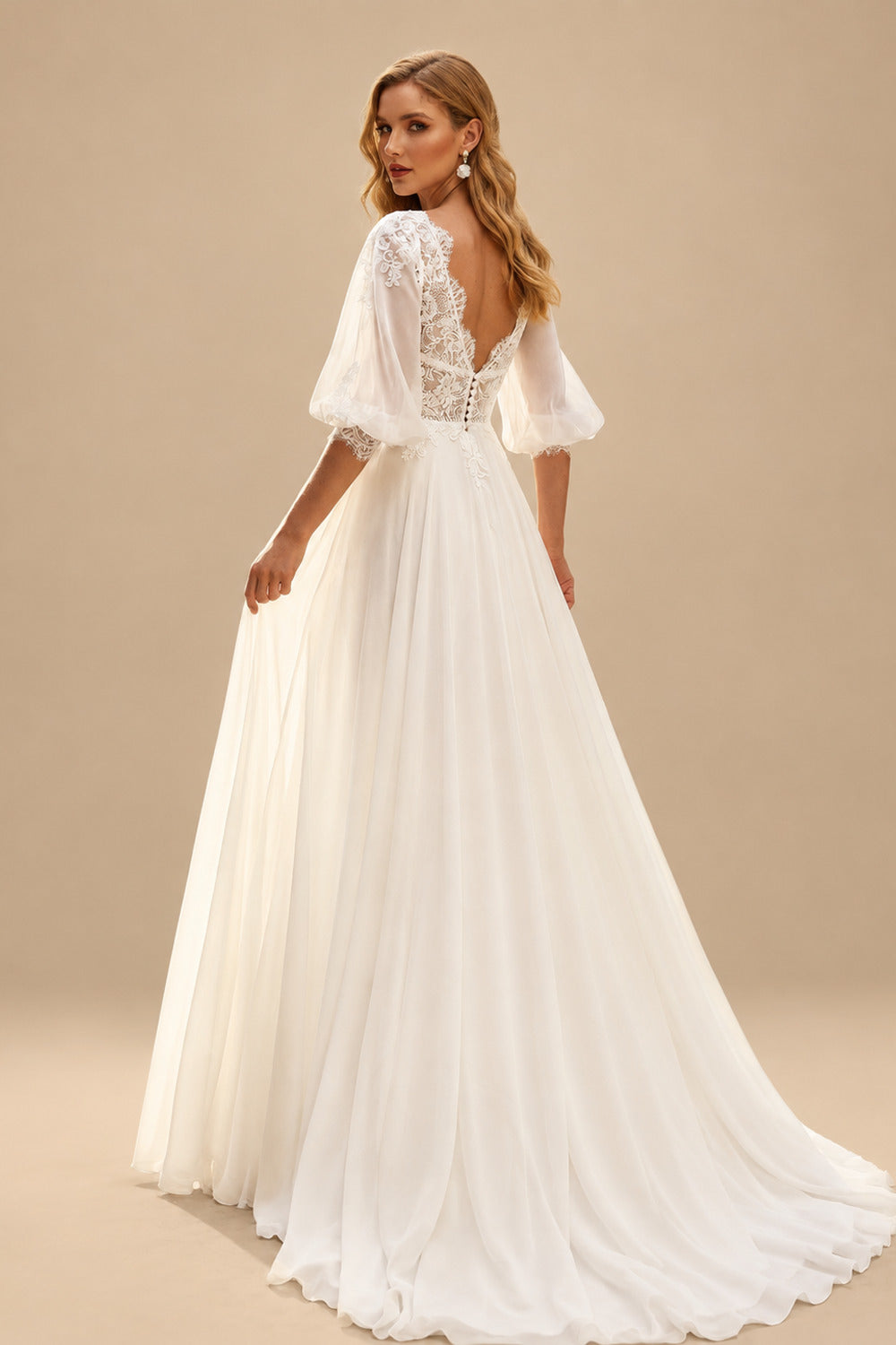 Rutipo Ivory A-Line V-Neck 1/2 Sleeves Sweep Train Chiffon/Lace Wedding Dresses