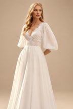 Rutipo Ivory A-Line V-Neck 1/2 Sleeves Sweep Train Chiffon/Lace Wedding Dresses