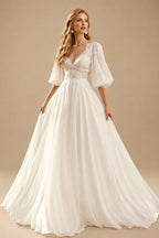 Rutipo Ivory A-Line V-Neck 1/2 Sleeves Sweep Train Chiffon/Lace Wedding Dresses