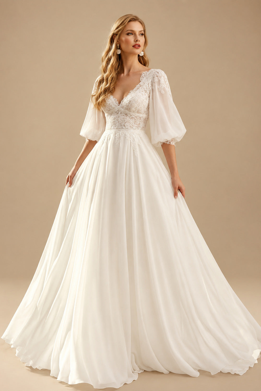 Rutipo Ivory A-Line V-Neck 1/2 Sleeves Sweep Train Chiffon/Lace Wedding Dresses