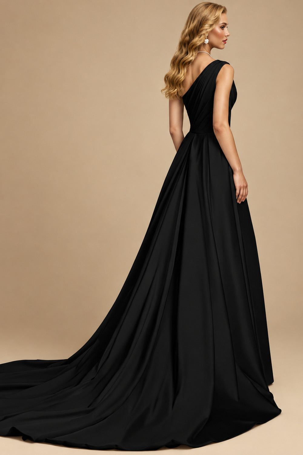 Rutipo Black A-Line One-Shoulder Sleeveless Detachable Matte Satin Wedding Dresses