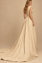 Rutipo Champagne A-Line One-Shoulder Sleeveless Detachable Matte Satin Wedding Dresses