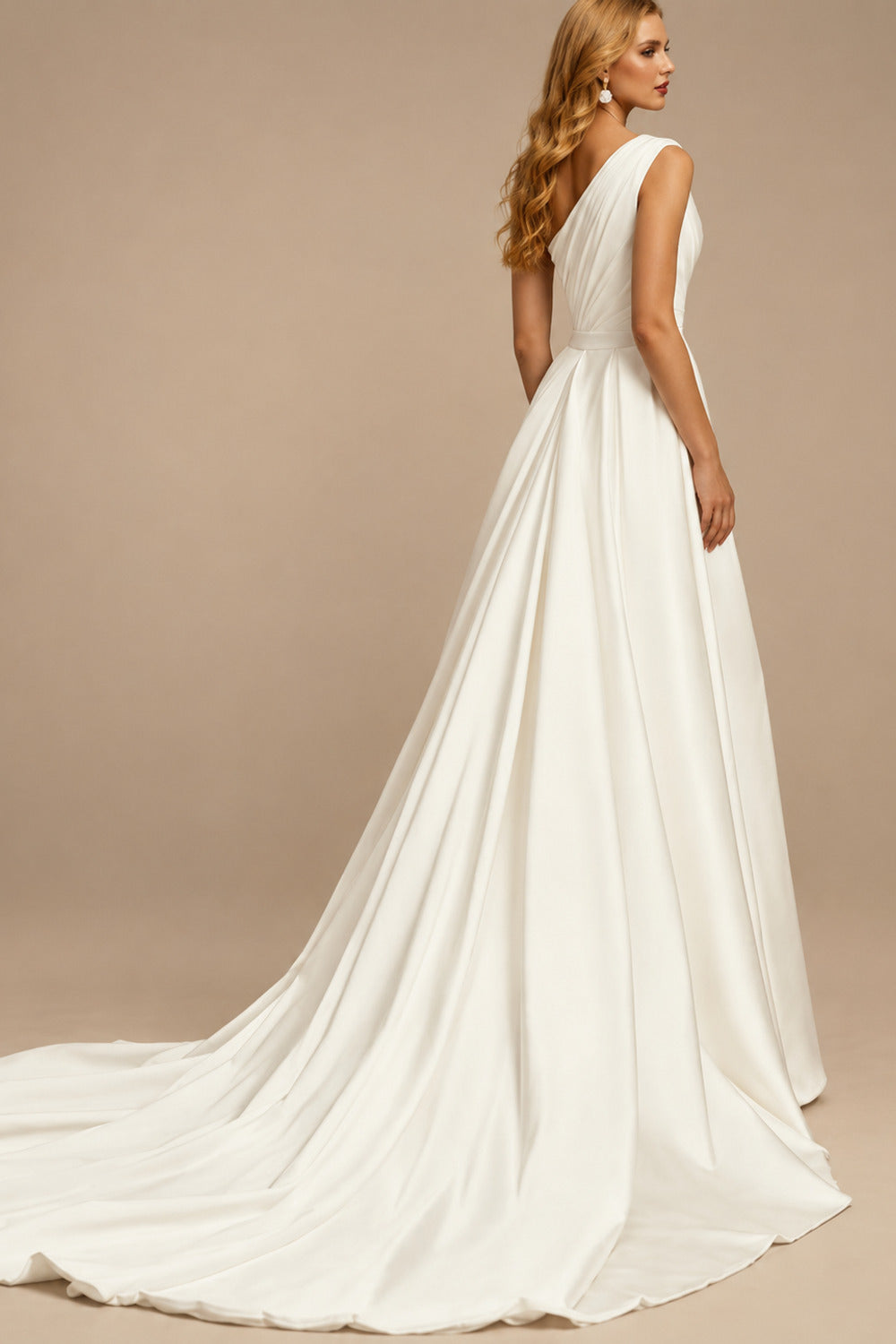 Rutipo Ivory A-Line One-Shoulder Sleeveless Detachable Matte Satin Wedding Dresses