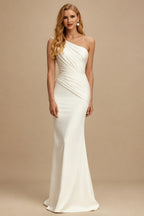 Rutipo Ivory A-Line One-Shoulder Sleeveless Detachable Matte Satin Wedding Dresses