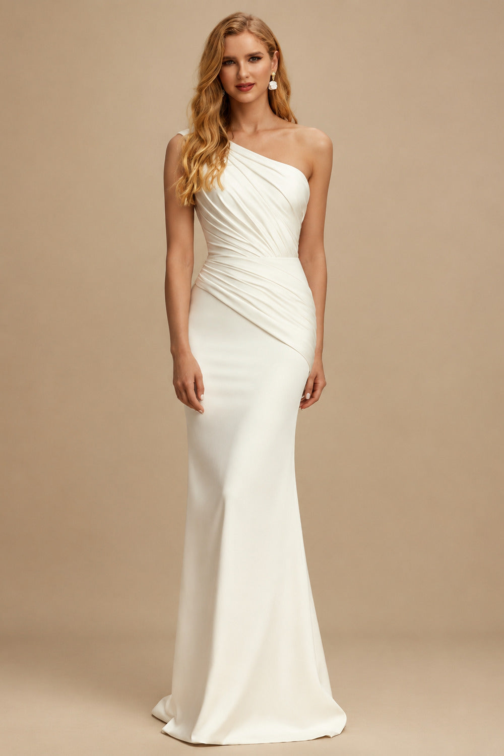 Rutipo Ivory A-Line One-Shoulder Sleeveless Detachable Matte Satin Wedding Dresses