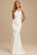 Rutipo Ivory A-Line One-Shoulder Sleeveless Detachable Matte Satin Wedding Dresses