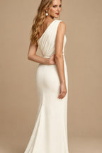 Rutipo Ivory A-Line One-Shoulder Sleeveless Detachable Matte Satin Wedding Dresses