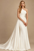 Rutipo Ivory A-Line One-Shoulder Sleeveless Detachable Matte Satin Wedding Dresses
