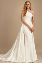 Rutipo Ivory A-Line One-Shoulder Sleeveless Detachable Matte Satin Wedding Dresses
