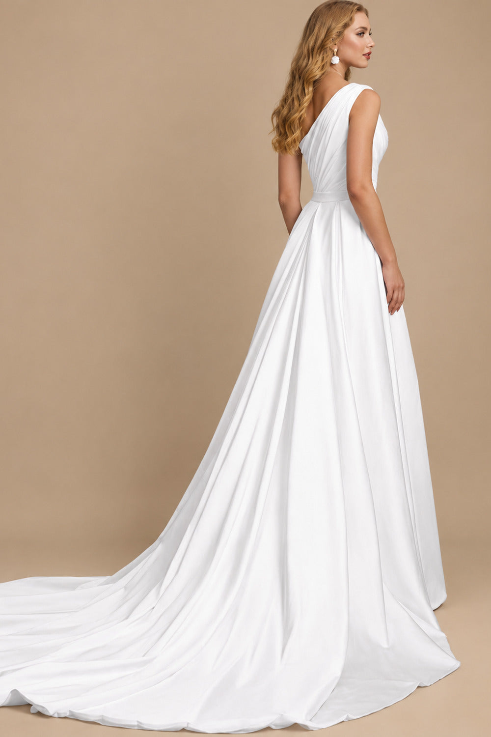 Rutipo White A-Line One-Shoulder Sleeveless Detachable Matte Satin Wedding Dresses