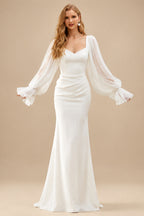 Rutipo Ivory Sheath/Column V-Neck Detachable Sleeves Chapel Train Crepe Satin Wedding Dresses