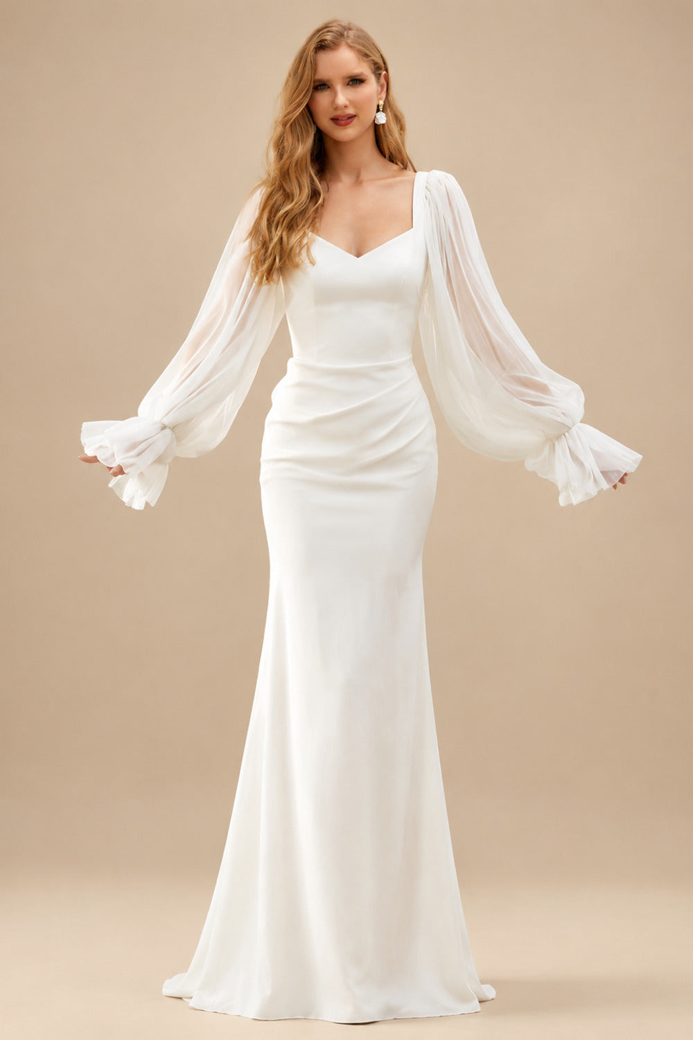 Rutipo Ivory Sheath/Column V-Neck Detachable Sleeves Chapel Train Crepe Satin Wedding Dresses