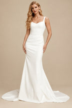 Rutipo Ivory Sheath/Column V-Neck Detachable Sleeves Chapel Train Crepe Satin Wedding Dresses