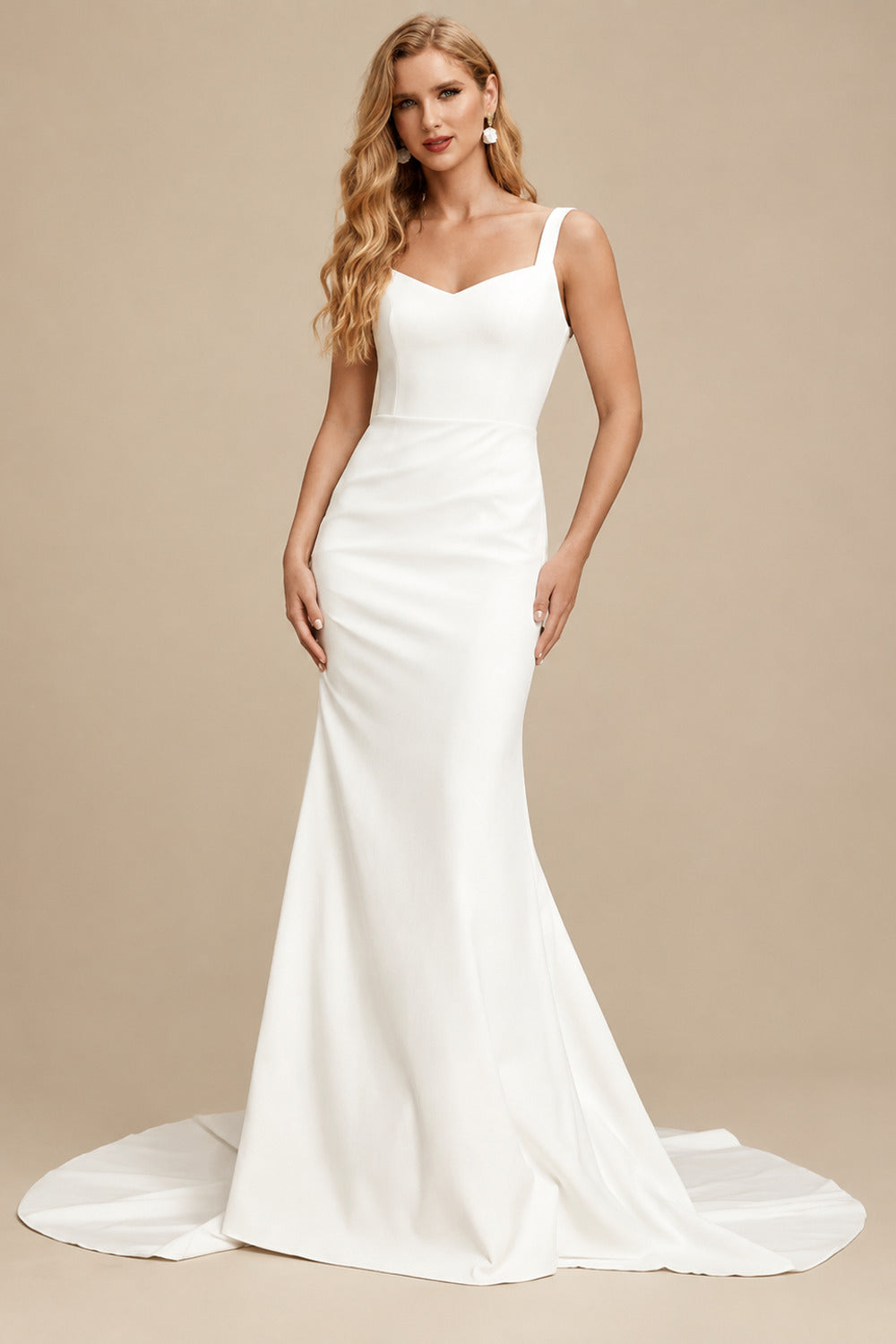 Rutipo Ivory Sheath/Column V-Neck Detachable Sleeves Chapel Train Crepe Satin Wedding Dresses