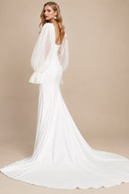 Rutipo Ivory Sheath/Column V-Neck Detachable Sleeves Chapel Train Crepe Satin Wedding Dresses