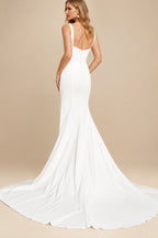 Rutipo Ivory Sheath/Column V-Neck Detachable Sleeves Chapel Train Crepe Satin Wedding Dresses