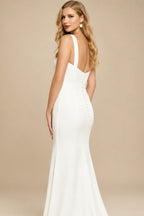 Rutipo Ivory Sheath/Column V-Neck Detachable Sleeves Chapel Train Crepe Satin Wedding Dresses