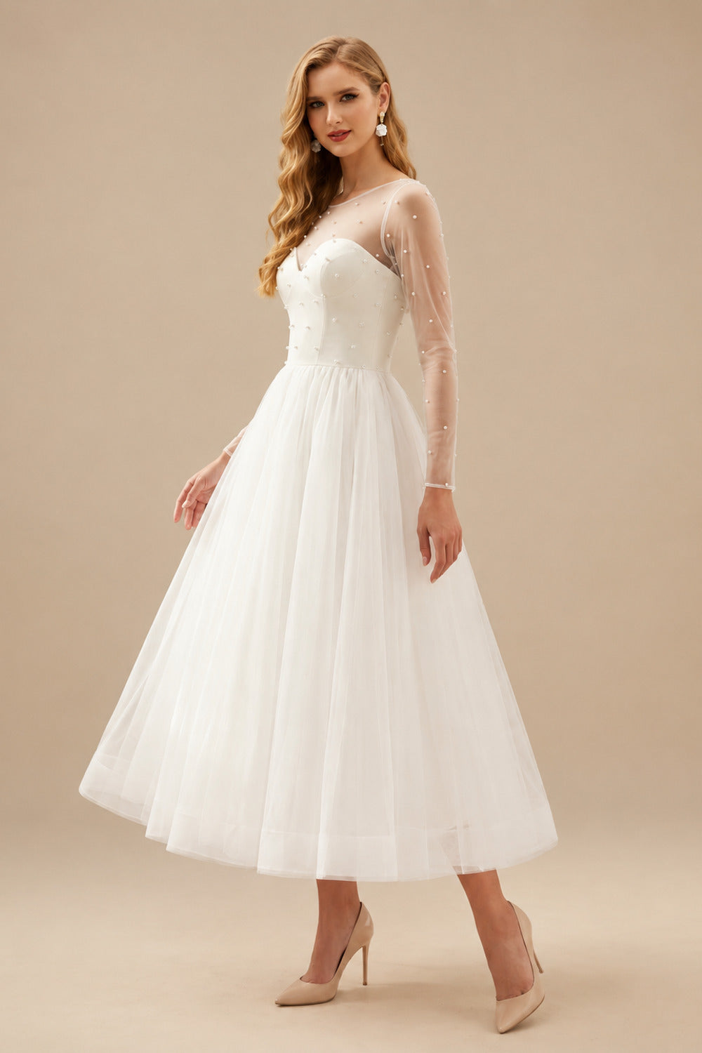 Rutipo Ivory Elegant Beading Illusion Neck Long Sleeves A-Line Tea-Length Tulle Wedding Dresses