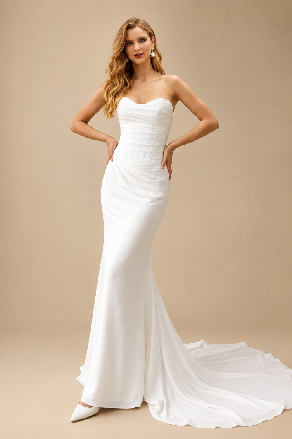 Rutipo White Elegant Sweetheart Sleeveless Trumpet/Mermaid Sweep Train Stretch Chiffon Wedding Dresses