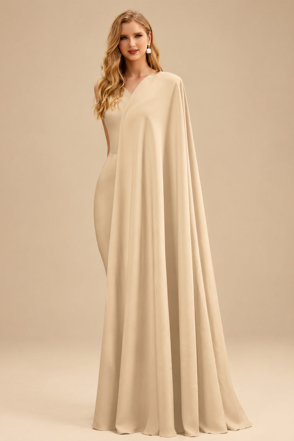 Rutipo Champagne Jumpsuit/Pantsuit Plunge Neck Cape Sleeves Floor-Length Elastic Satin Wedding Dresses