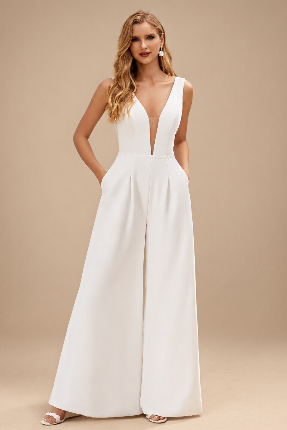 Rutipo White Jumpsuit/Pantsuit Plunge Neck Cape Sleeves Floor-Length Elastic Satin Wedding Dresses