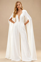 Rutipo White Jumpsuit/Pantsuit Plunge Neck Cape Sleeves Floor-Length Elastic Satin Wedding Dresses