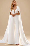 Rutipo White Jumpsuit/Pantsuit Plunge Neck Cape Sleeves Floor-Length Elastic Satin Wedding Dresses