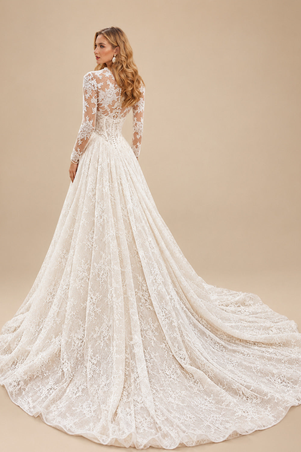 Rutipo As Picture A-Line Plunge Neck Long Sleeves Court Train Wedding Dresses With Appliques Lace