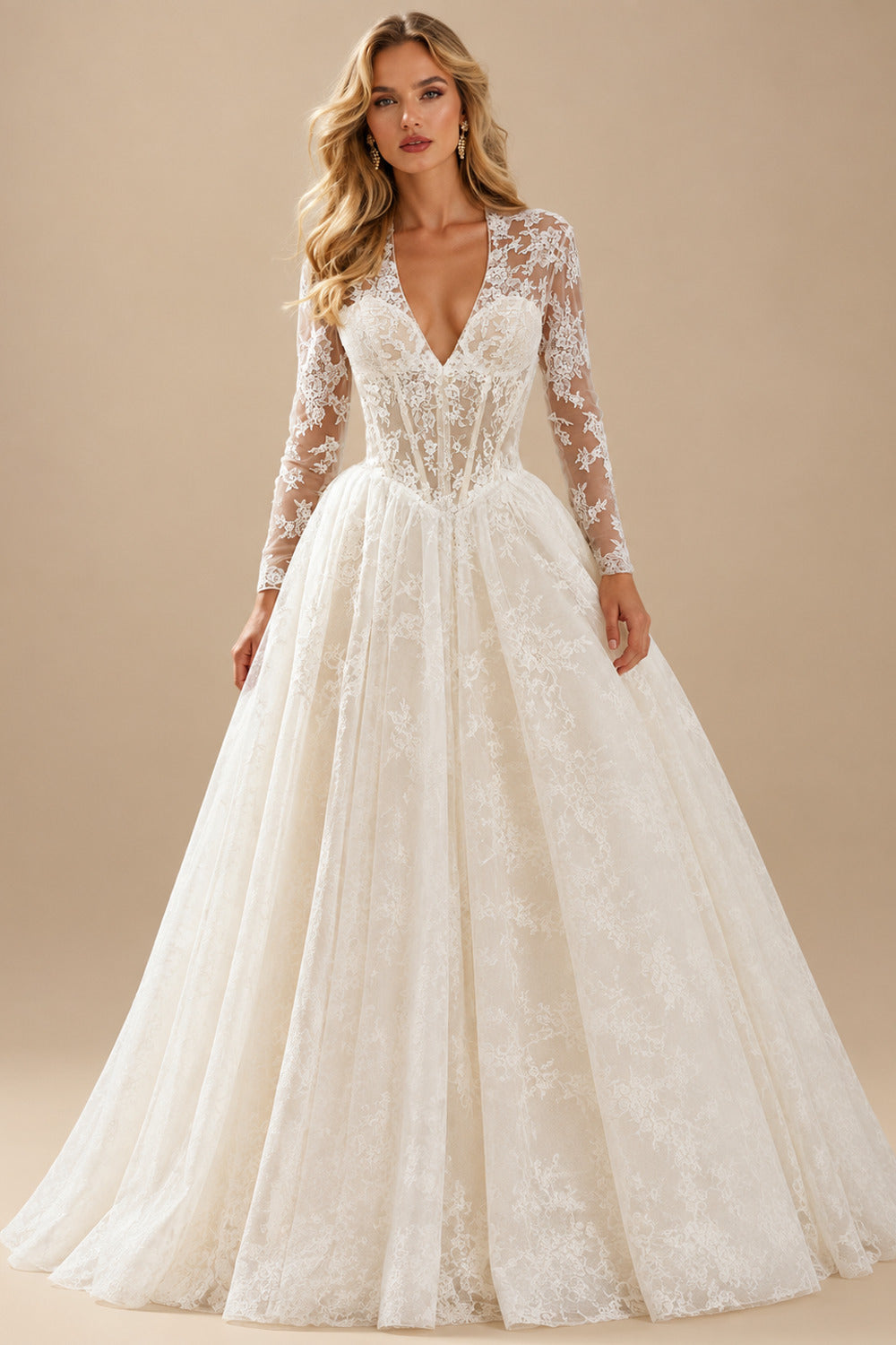 Rutipo As Picture A-Line Plunge Neck Long Sleeves Court Train Wedding Dresses With Appliques Lace