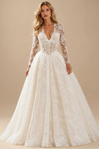 Rutipo As Picture A-Line Plunge Neck Long Sleeves Court Train Wedding Dresses With Appliques Lace