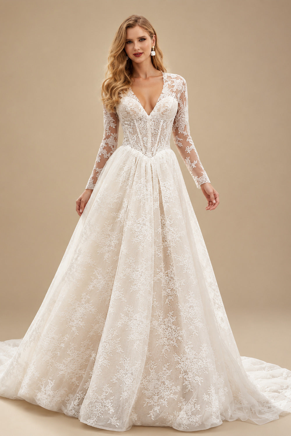 Rutipo As Picture A-Line Plunge Neck Long Sleeves Court Train Wedding Dresses With Appliques Lace