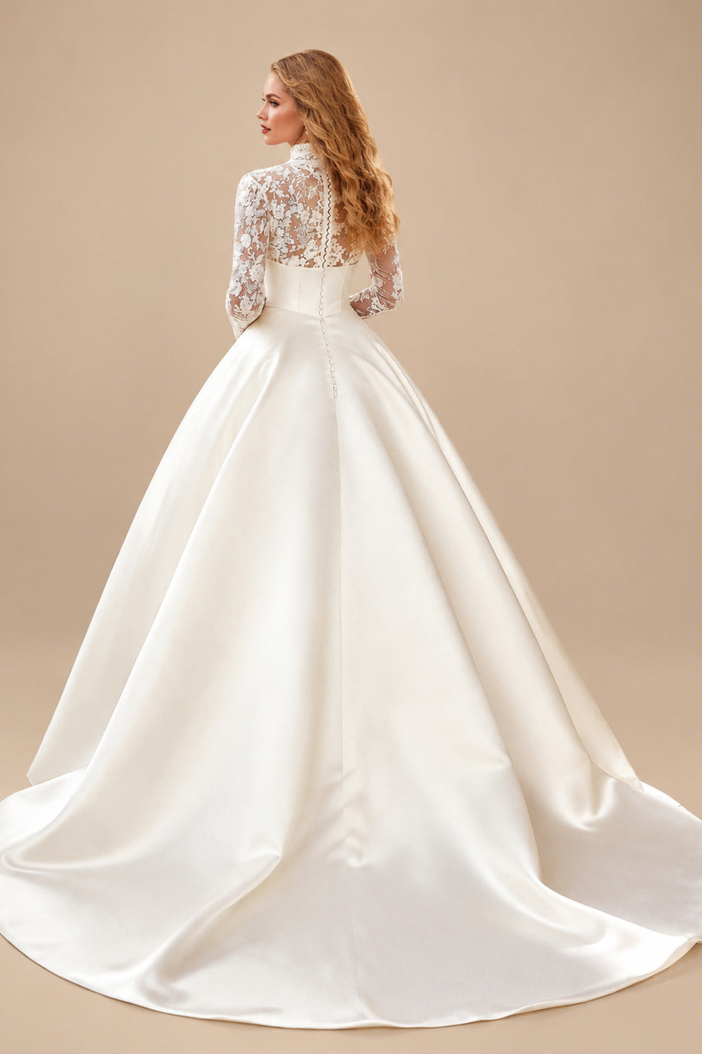 Rutipo Ivory Ball-Gown V-Neck High Neck Long Sleeves Chapel Train Lace Tulle Soft Satin BRIDE With Appliques Lace