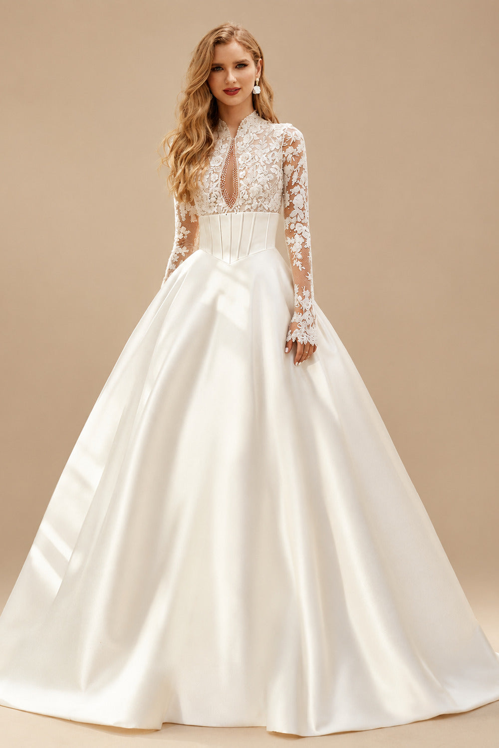 Rutipo Ivory Ball-Gown V-Neck High Neck Long Sleeves Chapel Train Lace Tulle Soft Satin BRIDE With Appliques Lace