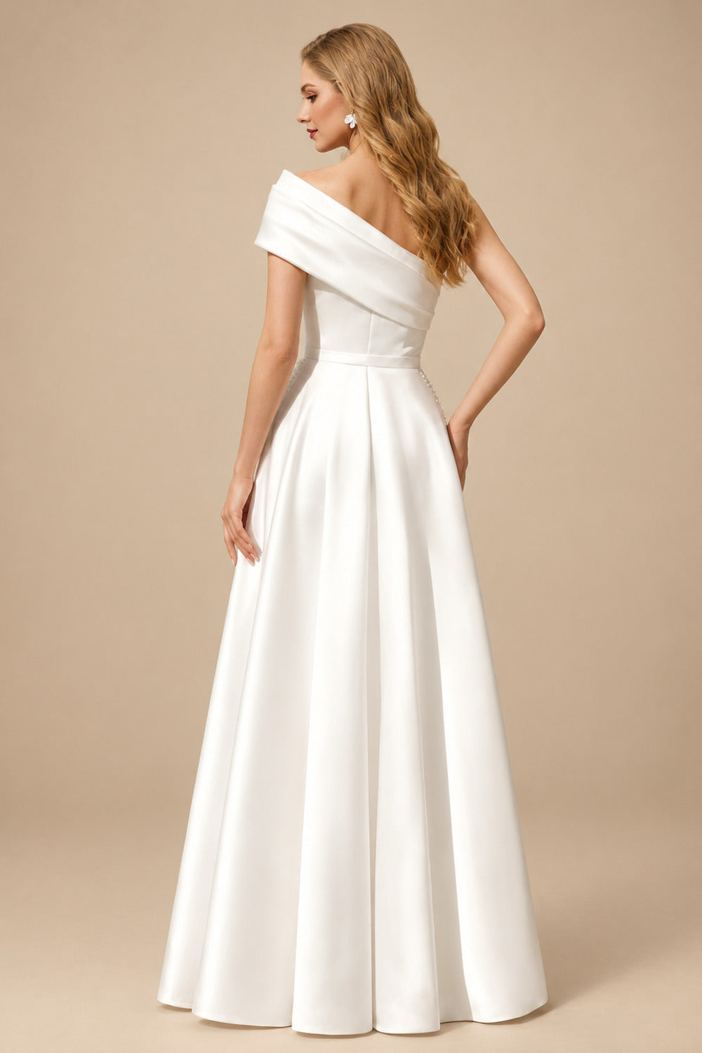 Rutipo White Ball-Gown One-Shoulder Sleeveless Sweep Train Twill Satin Wedding Dresses With Beading