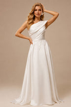 Rutipo White Ball-Gown One-Shoulder Sleeveless Sweep Train Twill Satin Wedding Dresses With Beading