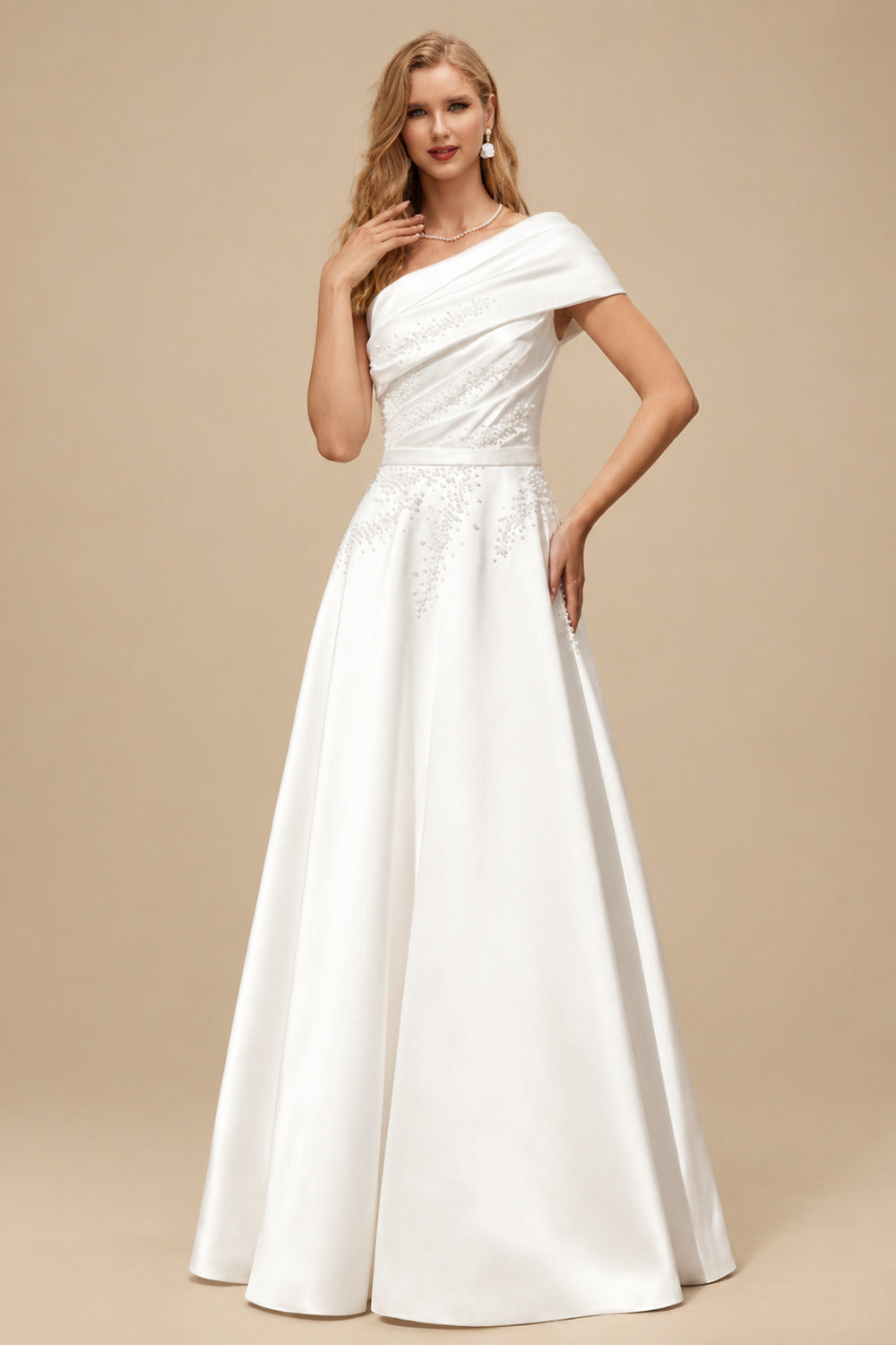 Rutipo White Ball-Gown One-Shoulder Sleeveless Sweep Train Twill Satin Wedding Dresses With Beading