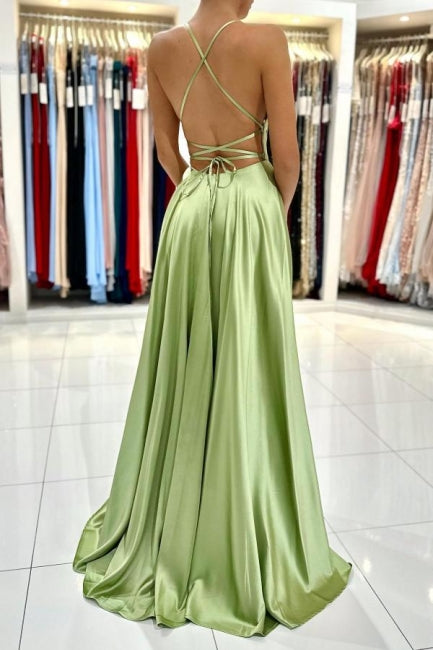Vestidos de Noite Sage Simples Longo em Cetim com Corte em A e Fenda
